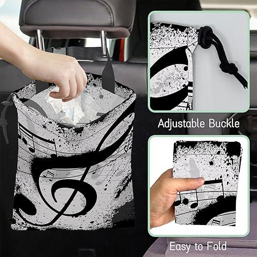 NHNXHWIA Music Notes Car Garbage Bag,Waterproof Small Car Trash Bag Hanging Back of Seat,Drawstring Hanging Car Trash Bag with Adjustable Buckle for Car Accessories