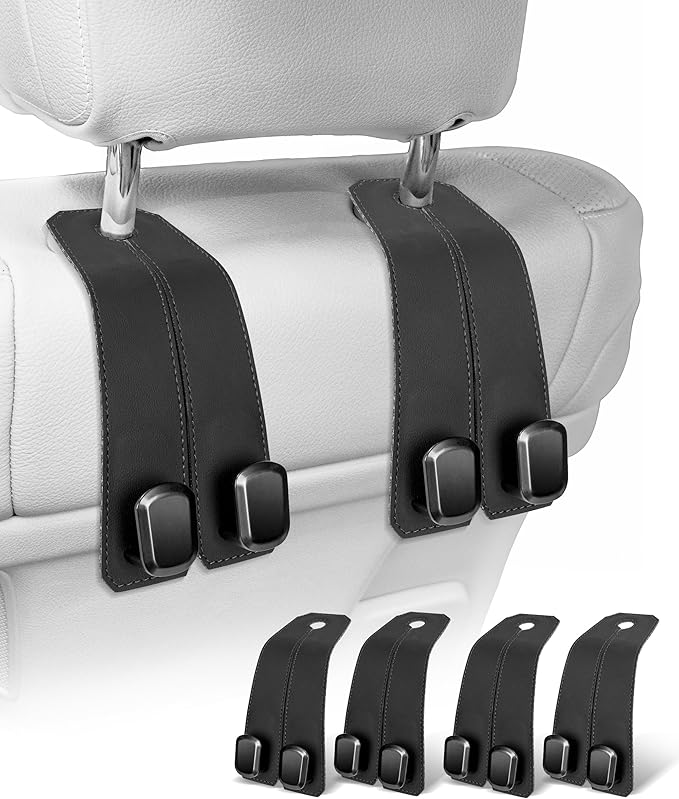 VETERBONE Car Hooks for Headrest, 4PCS Car Purse Hooks Luxurious Leather 100% Metal Car Hangers for Seat Multifunctional Car Bag Hook Car Seat Back Storage Hook Accessories (Black)
