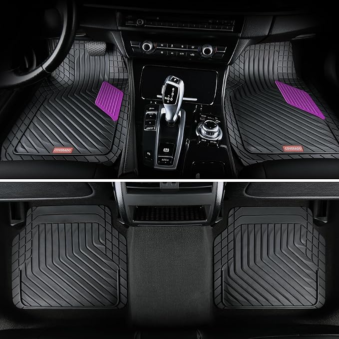 Coverado Car Floor Mats Full Set – Heavy-Duty PVC Floor Mats with Purple Metallic Heel Pad, All-Weather Protection for Front & Rear, Non-Slip Backing, Easy-Clean Interior Liners