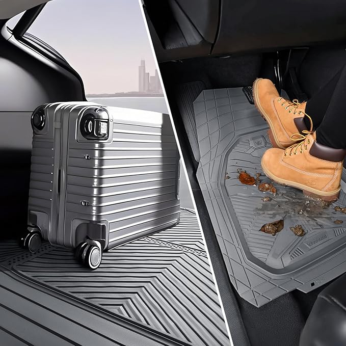 CAR PASS Heavy Duty Rubber Car Mats with Cargo Liner, Deep-Dish Car Floor Mats and Trunk Mat All Weather, Universal Trim-to-Fit for SUVs Trucks Sedans, Waterproof Anti-Slip, Trimmable V12 Gray