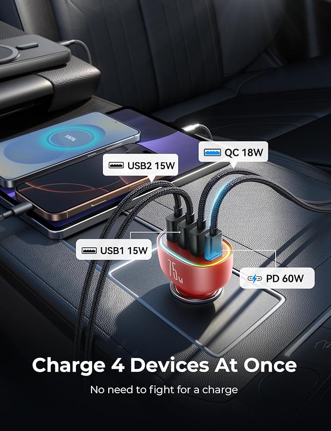 FLYLEAD USB C Car Charger Cigarette Lighter Adapter 75W 4-Port Fast Car Charger Fast Charging Compatible with iPhone17/16/15/14/13 Series- RED