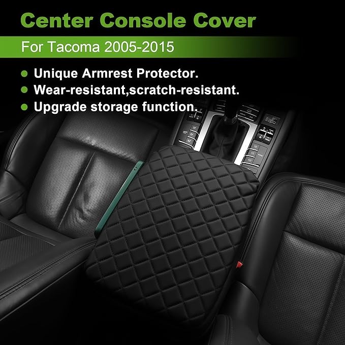 Armrest Cover for Toyota Tacoma Center Console Pad with Organizer Storage Pockets, Black Faux Leather Arm Rest Lid Protector Cushion Interior Accessories (2005-2015)