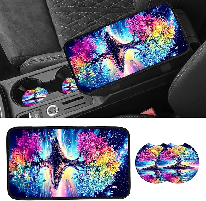 JANENFNA Car Armrest Cover Pads Universal Fashion Cute Auto Center Console Armrest Cover Pad with 2PCS Car Coasters Soft Waterproof Car Armrest Seat Protector for Women,Rainbow Tree