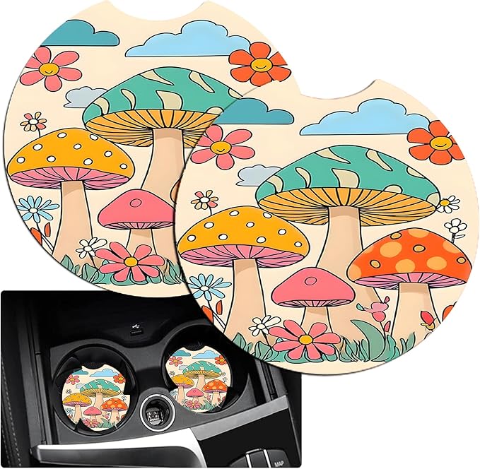JANENFNA Car Armrest Cover Pads Universal Fashion Cute Auto Center Console Armrest Cover Pad with 2PCS Car Coasters Soft Waterproof Car Armrest Seat Protector for Women,Cute Mushrooms