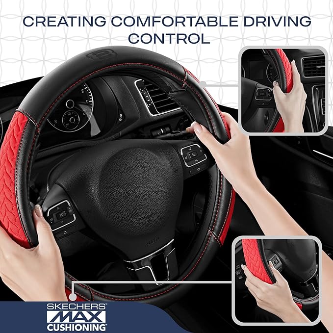 Skechers Steering Wheel Cover,Max Cushioning Leather Steering Wheel Cover Universal Fit 14" 1/2-15" Car Wheel Protector for Men Women Fit Suvs,Vans,Sedans,Car,Trucks,Red