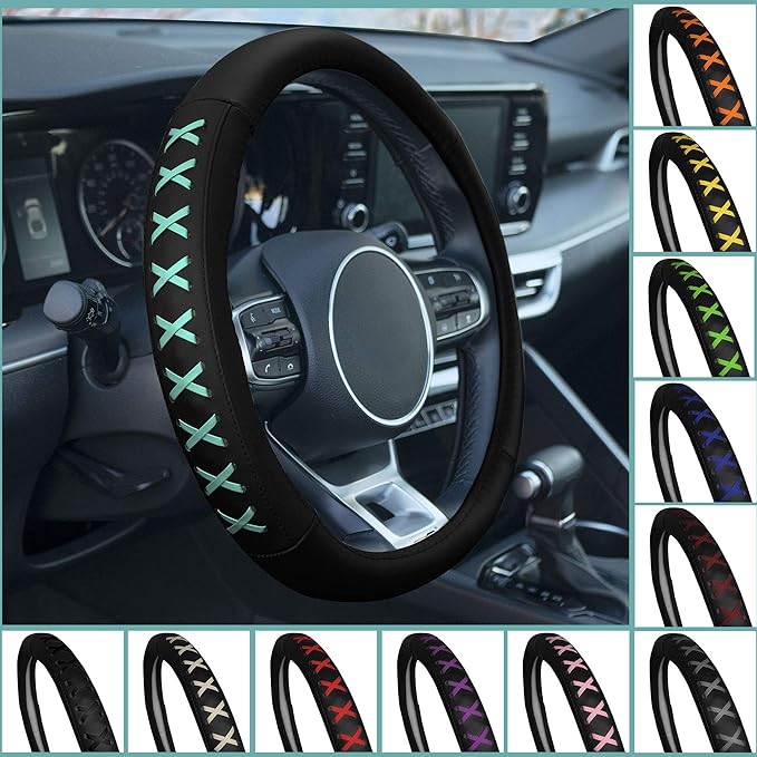 FH Group Universal Fit 15 Inch Genuine Leather with Lace-Up Detailing Steering Wheel Cover fits Most Cars, SUVs Gray