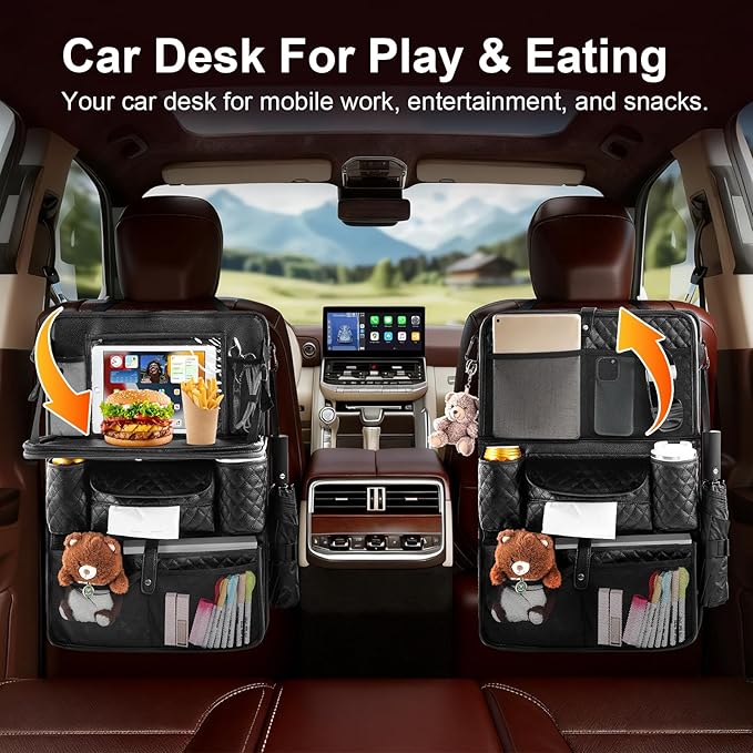 Rosynee Car Backseat Organizers 2-Pack with Foldable Tray - PU Leather Back Seat Car Organizers with 11 Storage Pockets, Tablet Holders, Kick Mats Protectors for Kids Family Travel Essentials (Black)