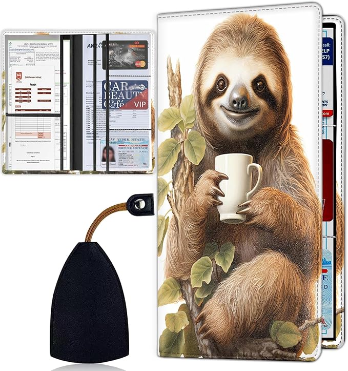 Car Document Holder with Magnetic Shut, Car Registration & Insurance Card Holder, Waterproof PU Leather Glove Box Organizer Vehicle Accessories Driver License for Women/Men, Sloth with Coffee