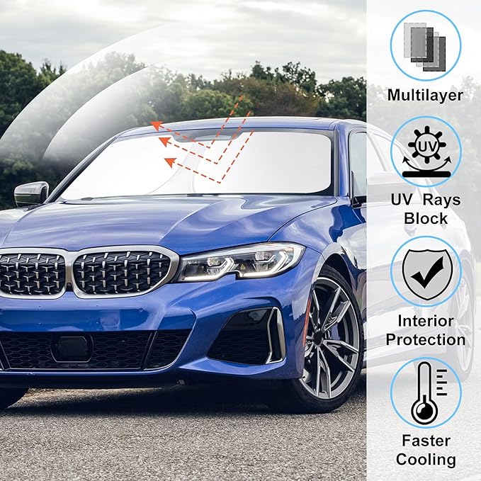 Windshield Sun Shade Custom Fit for 2019-2024 2025 BMW 3 Series Accessories Foldable Sunshade Sun Blocker Protect Car from Sun Rays & Heat Damage Keep Car Cooler