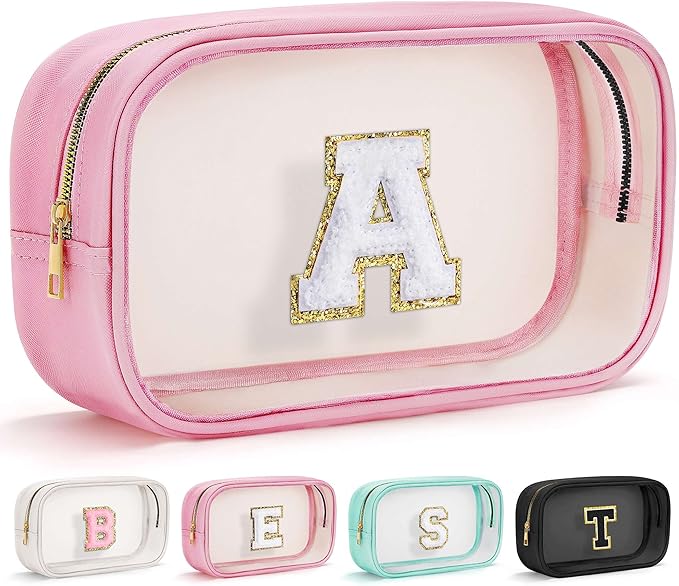 YOOLIFE Valentines Day Gifts for Teenage Girls Teacher Gifts Initial Clear Makeup Bag Birthday Gift Travel Toiletry Cosmetic Bags Birthday Gift Travel Essentials Pink A