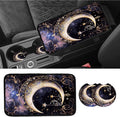 Car Armrest Cover Pads Universal Fashion Cute Auto Center Console Armrest Cover Pad with 2PCS Car Coasters Soft Waterproof Car Armrest Seat Protector for Women Girls, Crescent Stars in Sky