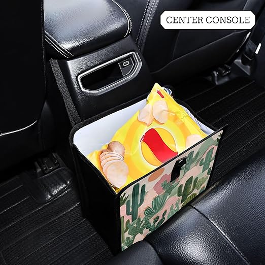 Car Trash Can Organizer Bin with Adjustable Strap for Back Front Seat Console Waterproof Leakproof Collapsible Portable 8.66 Inch Boho Cacti Mountains and Sun