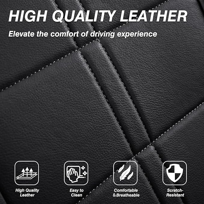 crossmiles Faux Leather Car Seat Covers Full Set, Foam Seat Cover for Car, Universal Car Seat Protector with Waterproof and Breath Fit for Cars, Trucks, SUV, Vans (Black Square)