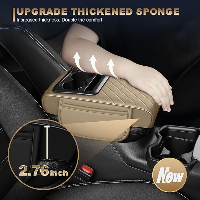 YORKNEIC Upgraded Car Center Console Cover with Cup Holder 2 Storage Bags - Faux Leather Arm Rest Cover Fit for Ford Bronco,Middle Console Cover Multi-Functional Car armrest Cushion(Beige)