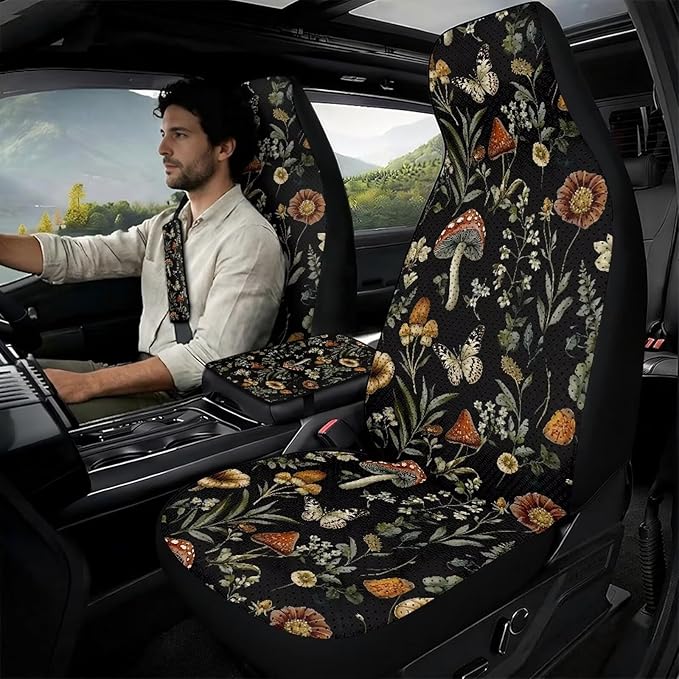 Qeluxign 5 Piece Car Seat Covers Full Set,Front Seats Cover/Auto Seatbelt Shoulder Pads/Vehicle Center Console Armrest Cover,Universal Car Accessories Men Women Gifts,Mushroom Floral Butterfly