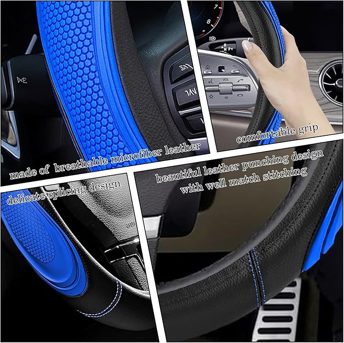 Blue Film Splicing Leather Steering Wheel Cover, Microfiber Leather, Anti-Slip, Breathable, Universal Fit for 14.5–15 in Steering Wheel Cover for Men Women