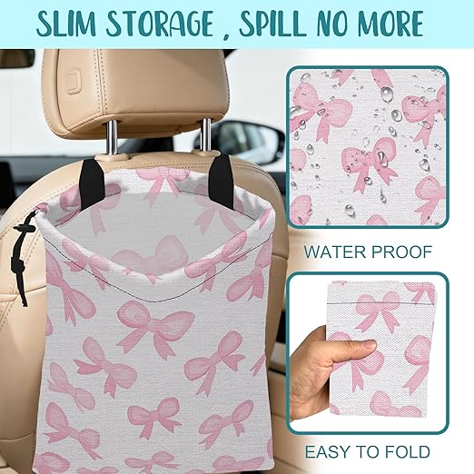 KXWQTRDD Car Trash Bag Pink Ribbon Bow Hanging Drawstring Car Organizer and Storage Bag with Adjustable Buckle Canvas Garbage Bin for Back Seat or Hanging Headrest Car Decor Road Trip Essentials