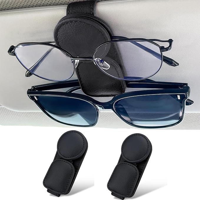 KIWEN 2 Pack Sunglasses Holder for Car Visor, Magnetic Leather Sunglass Eyeglass Hanger Clip for Car Sun Visor Accessories (2, Red)