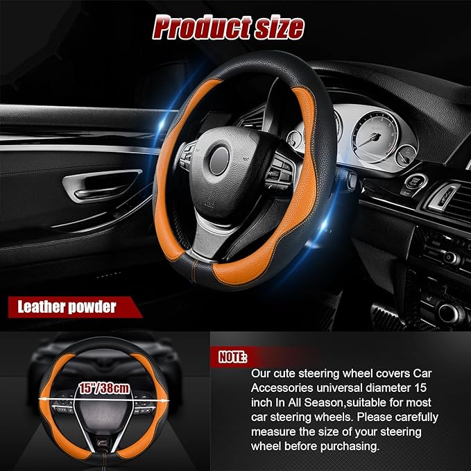 Steering Wheel Cover, Anti Slip Breathable Comfort PU Imitation Leather Cute Car Accessories for Women Girl, Universal Protector in All Season 15 inch Fit Most Car(Orange)