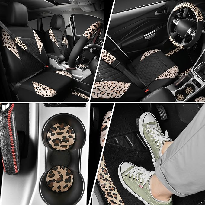CAR PASS Leopard Print Faux Leather Car Seat Covers & Leopard Car Mats&Leopard Steering Wheel Cover Seat Belt Pad Universal Car Accessories for SUV,Van,Saden,Truck Automobile Interior Sets