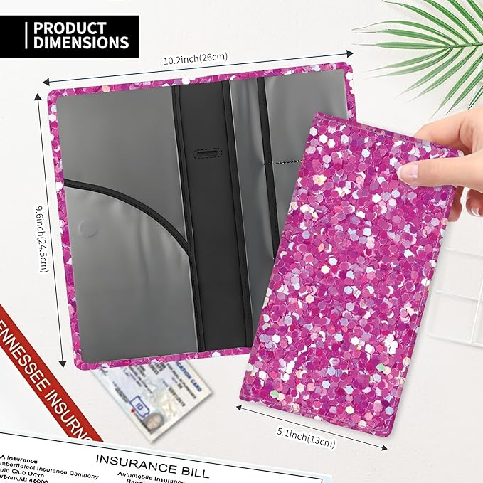 ADUQLZUX Leather Car Registration and Insurance Card Holder, Cute Car Accessories Vehicle Glove Box Car Organizer for Documents, Cards, License Glitter Purple Pattern