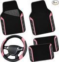 CAR PASS Microfiber Steering Wheel Cover and Waterproof Car Floor Mats,Leather Universal Car Combo Fit for 95% Truck,SUV,Cars,14.5-15inch Sporty Anti-Slip Safety Comfortable Design(Black and Pink)