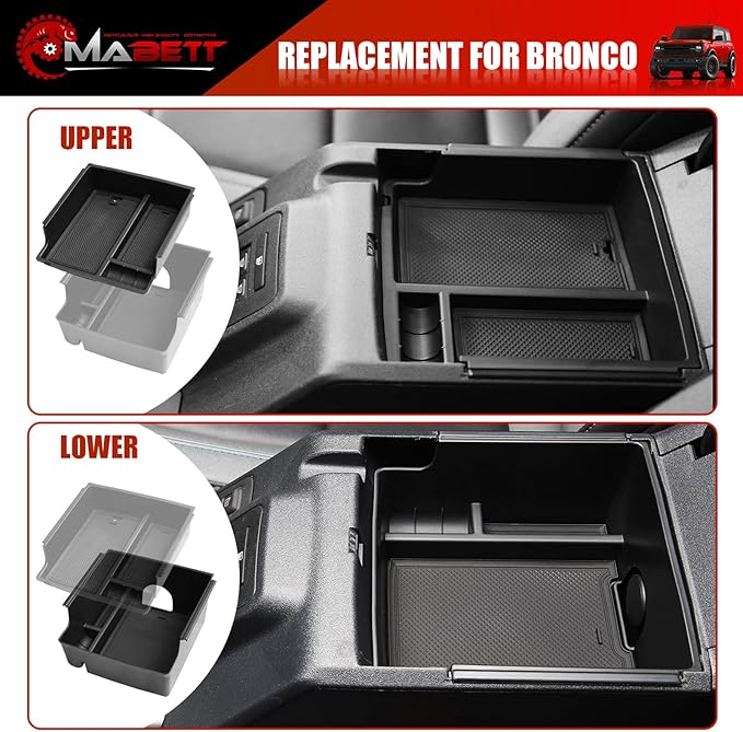 Mabett Console Organizer Tray for Bronco Accessories, Armrest Storage Box fit Bronco 2021 2022 2023 2024 2/4-Door with Non-Slip Mat Black (Not Fits 2025 Verison)