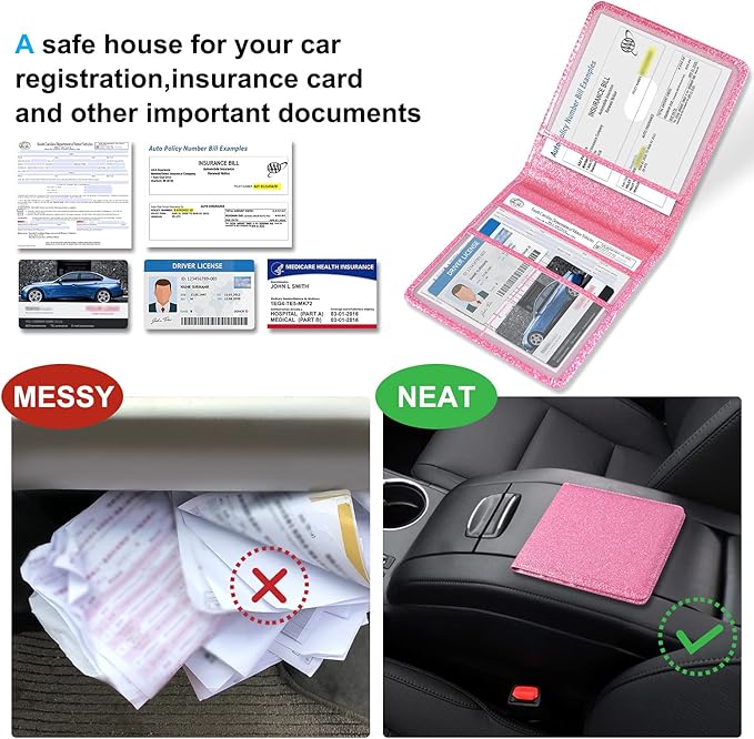 DMLuna Car Registration and Insurance Holder, Folio Leather Vehicle Card Document Glove Box Organizer, Auto Truck Compartment Accessories for Essential Information, Driver License Cards, Glitter Pink
