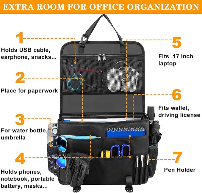MENZOKE Car Front Seat Organizer, Patrol Bag Law Enforcement, Hanging Passenger Seat Car Organizer with 17 Inch Laptop Storage, Adjustable Strap Backseat Organizers for Truck Office, Police, Black