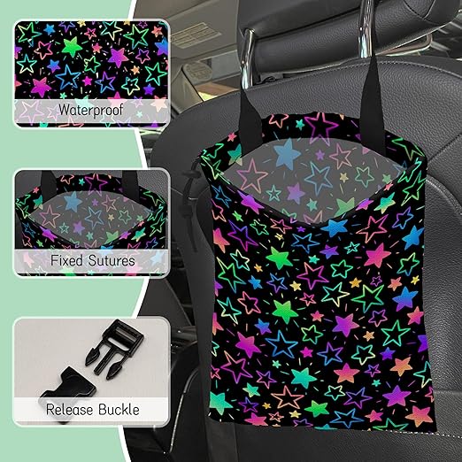 NHNXHWIA Colorful Stars Car Trash Bag,Neon Stars Hanging Drawstring Car Garbage Bag,Waterproof Canvas Car Back Seat Organizer with Adjustable Buckle,for Vehicles,SUVs,Camping,Road Trips