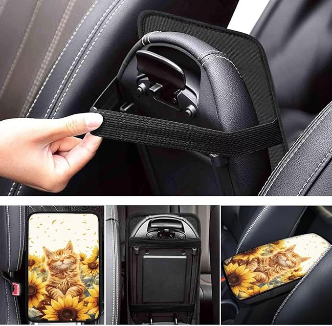 Floral Cat Car Center Console Cushion Pad Decorative Cute Armrest Box Cover Center Console Pad Non Slip SUV Vehicle Automotive Interior Decoration for Women