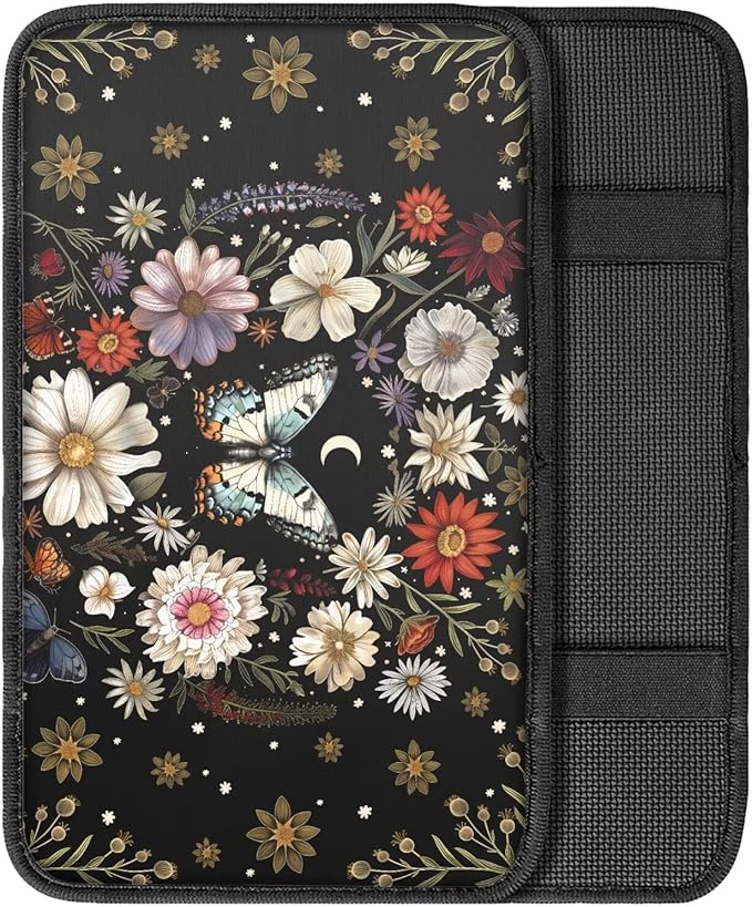 Mintutlipy Butterfly Daisy Flower Car Armrest Cover Car Arm Rest Pad Car Interior Accessories for Girls Women Dust Proof Car Center Console Protector