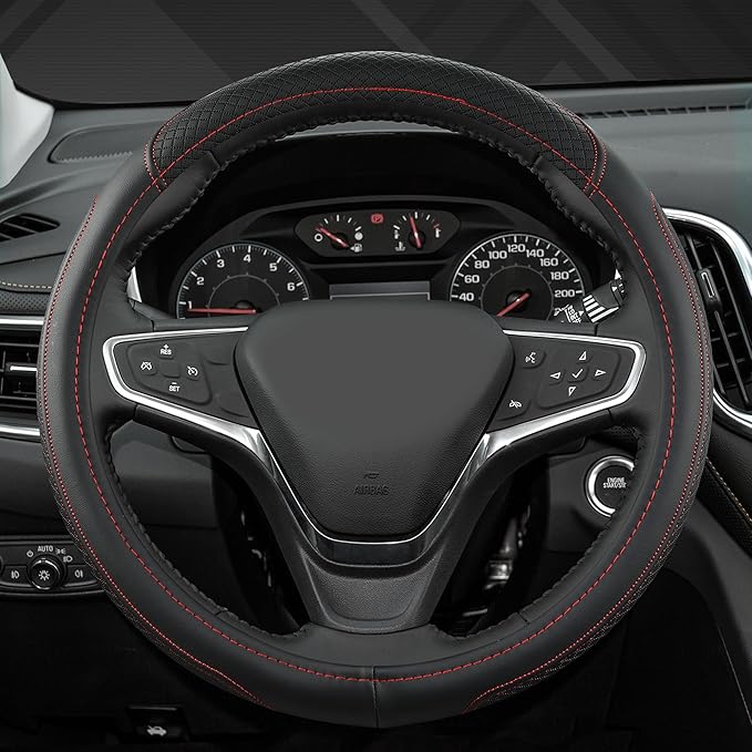 West Llama Customized Auto Car Steering Wheel Cover for Chevy 14.5-15 inches, Steering Wheel Cover for Chevrolet (Black+Red - Standard Size)