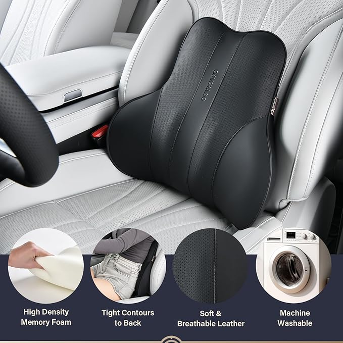 Coverado Lumbar Support Pillow for Car, Ergonomic Memory Foam Back Pillow for Office Chair, Back Cushion for Back Pain Relief, PU Leather Car Lumbar Support for Driving Seat