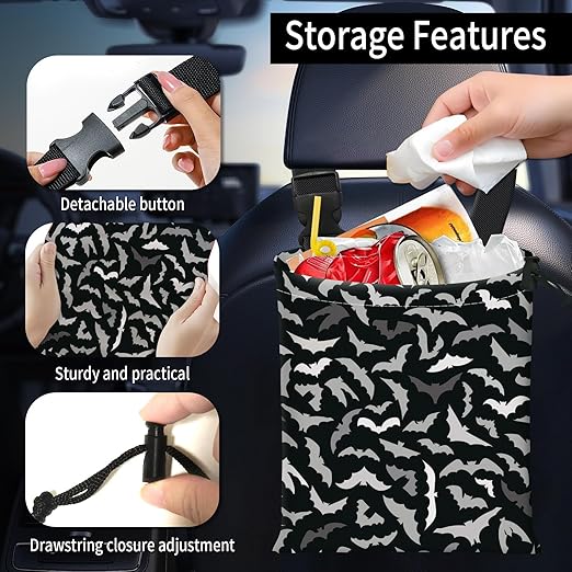 AFYEWKC Car Trash Bag Large Hanging Can for Back of Seat, Cute Waterproof Car Garbage Bag for Vehicle, Travelling, Outdoor Cute Grey Black Bats