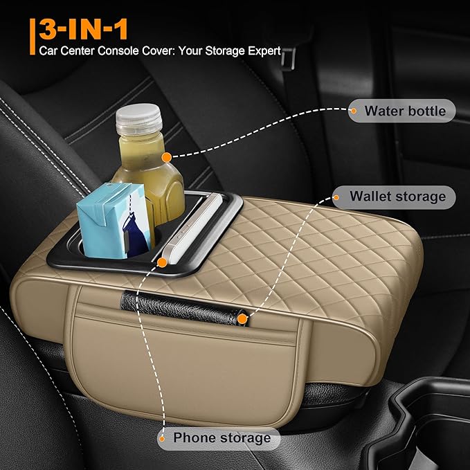 Car Armrest Cover Fit for Mazda CX-30 Upgrade Memory Foam Console Protector with Cup Holders and 2 Storage Pockets(Beige)