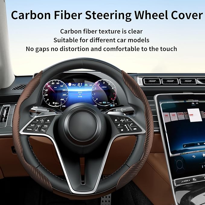 LevChall Carbon Fiber Steering Wheel Cover, 2-Piece Set Anti-Skid Comfortable Grip Segmented Butterfly Design, Easy Snap-On Installation Universal Fit 99% Cars, Brown