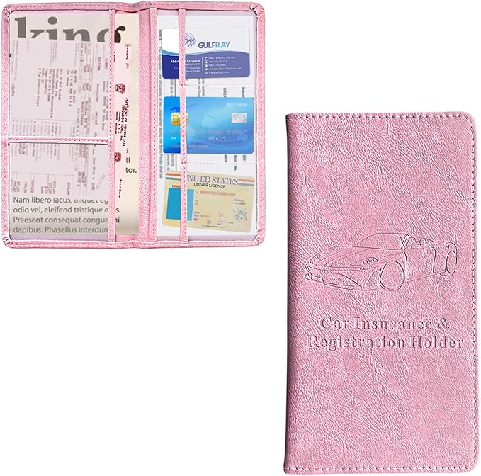 Ziciner Car Registration and Insurance Holder, Auto Card Document Glove Box Organizer with Magnetic Closure, Universal Vehicle Interior Accessories for Cars SUVs (Pink-Large)