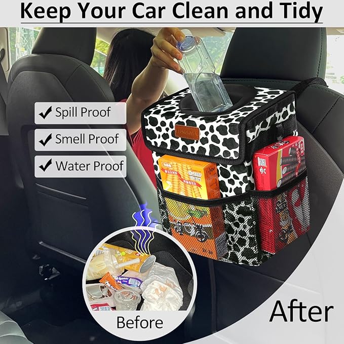 ELONGRIVER Car Trash Can Bin for Back Seat Leak Proof, Cute Car Trash Bag Hanging, Vehicle Trash Can for SUV Truck Van, Automotive Garbage Cans Front Seat Cow Print, 2 Gallons