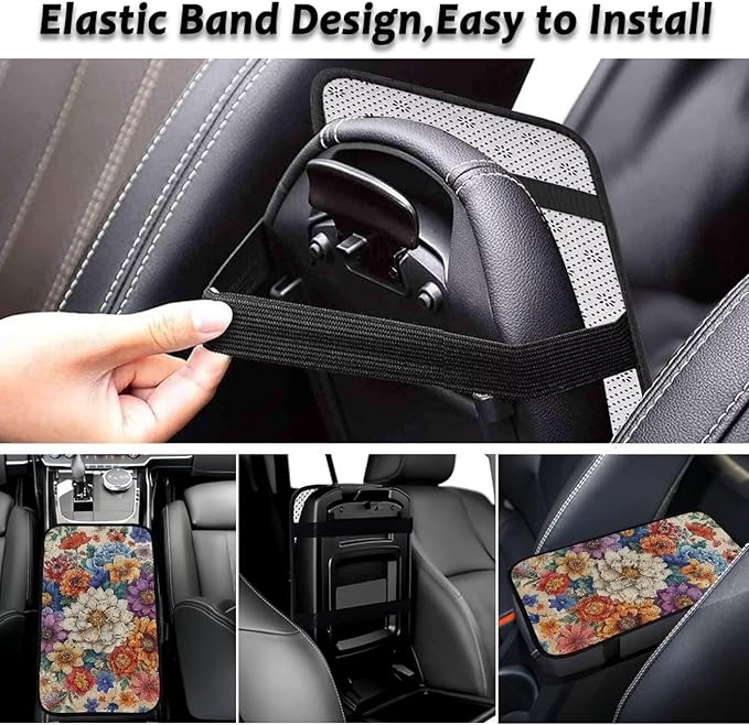 Bulopur Hippie Flower Armrest Cover Car Center Console Cover Easy to Install Car Armrest Cushion Flannel Protector Protect from Pet Claws Thickened Fit for Most Cars, Vehicles, SUVs