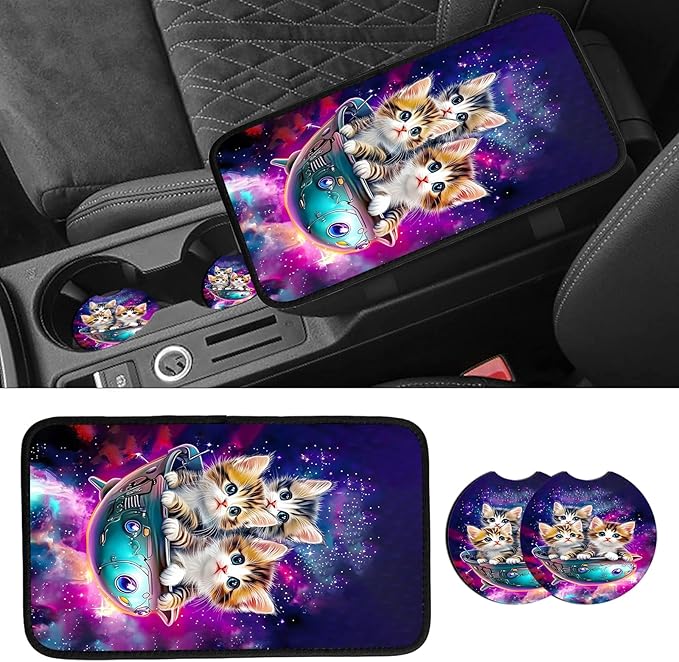 JANENFNA Car Armrest Cover Pads Universal Fashion Cute Auto Center Console Armrest Cover Pad with 2PCS Car Coasters Soft Waterproof Car Armrest Seat Protector for Women,Cute Cat in Spaceship