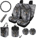 Wolf Printed Car Interior Cover Sets, Car Front Rear Seat Cover with Steering Wheel Protector Coaster Trash Can Air Vent Storage Bag, Universal Fits Auto Interior Accessories