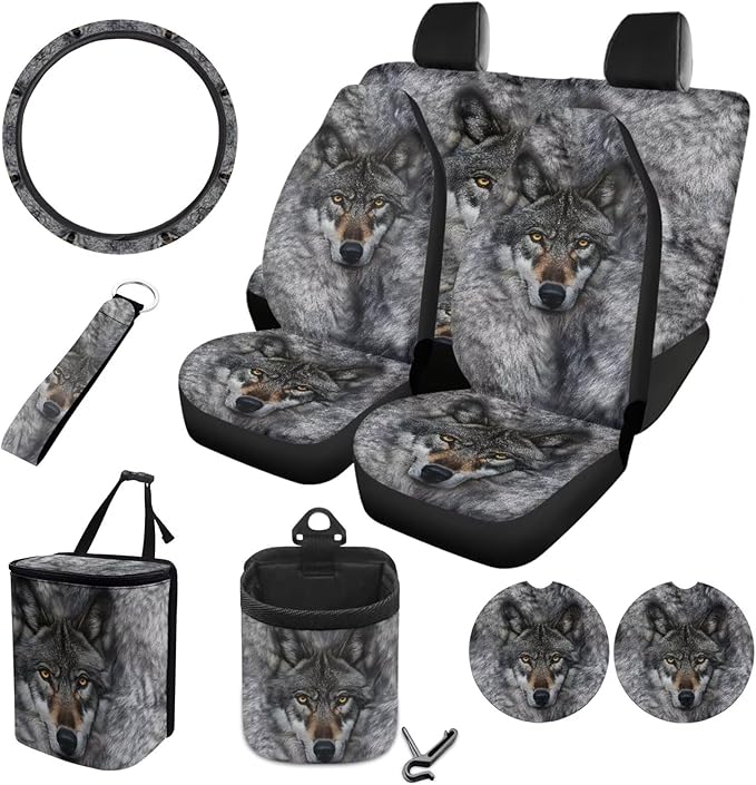 Wolf Printed Car Interior Cover Sets, Car Front Rear Seat Cover with Steering Wheel Protector Coaster Trash Can Air Vent Storage Bag, Universal Fits Auto Interior Accessories