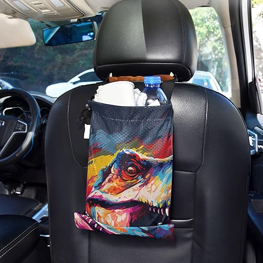 ALAZA Hanging Car Trash Bags Garbage Bag Trash Can for Back Seat Small Dinosaur Multicolor Washable Storage Bag Retractable 2 Pack