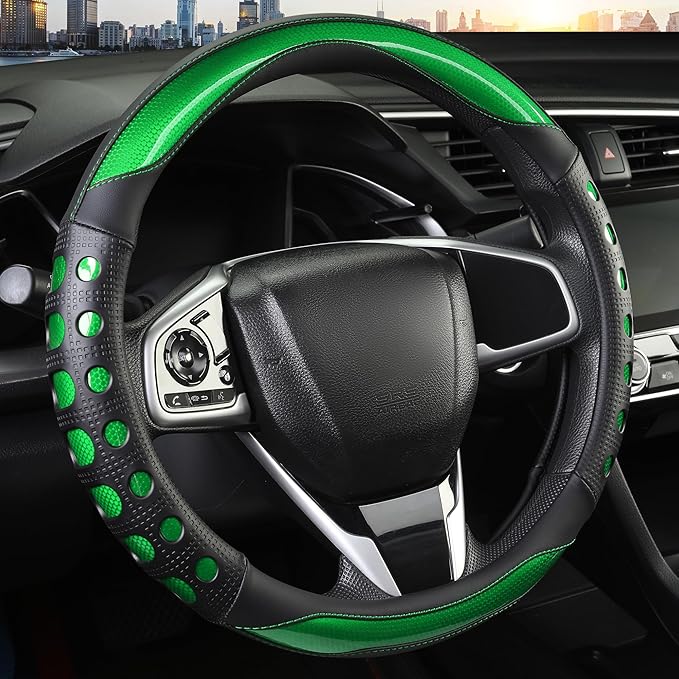 QCYP PU Leather Car Steering Wheel Cover with Anti-Slip Grip, for Women and Men, Universal Fit for 14.5-15 Inch Cars, Trucks, SUVs (Green (Round), Medium(Standard) Size[14 1/2''-15''])