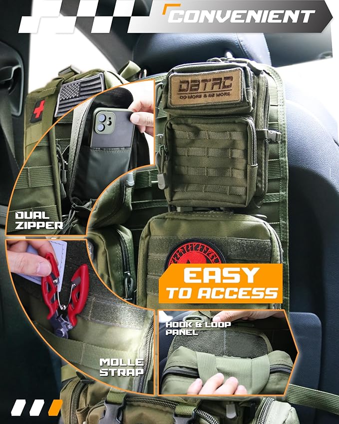 DBTAC Tactical Molle Car Seat Organizer | Vehicle Back Panel with 5X Detachable Pouches, US Flag & Writable Reflective Patch for Cars, Trucks, SUVs, Sedans