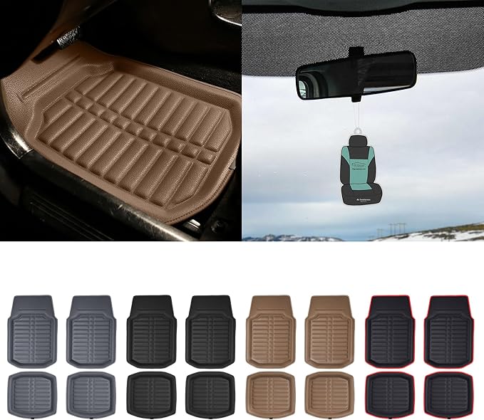 FH Group Automotive Floor Mats - PU Leather Floor Mats, Deep Dish Design, Floor Mats for Cars, Universal Fit Floor Mats Full Set, Floor Mats For Most Sedan, SUV, Truck Floor Mats Solid Beige