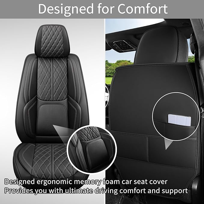 Car Seat Cover Full Set Universal Fit for Cars, SUV, Sedans, Anti-Slip Breathable Faux Leather Automotive Seat Covers (Black, Full Set)
