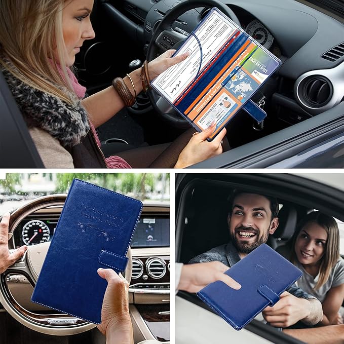 DMLuna Car Registration and Insurance Holder, Leather Vehicle Card Document Glove Box Organizer, Auto Truck Compartment Accessories for Essential Information, Driver License Cards, Dark Blue