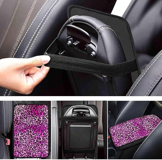 Purple Leopard Print Armrest Cover for Car,Soft Car Center Console Covers,Universal Cars Interior Accessories Decor